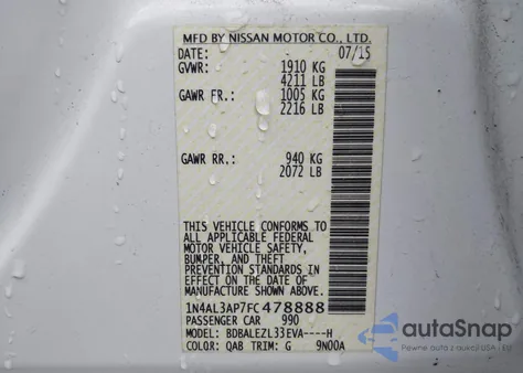 2015 Nissan Altima 2.5 S z USA, uszkodzony, nr VIN 1N4AL3AP7FC478888